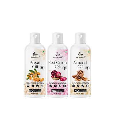 Biomidas 100% Pure Argan Oil & Red Onion Oil & Almond Oil 60ML Combo (Pack Of 3)