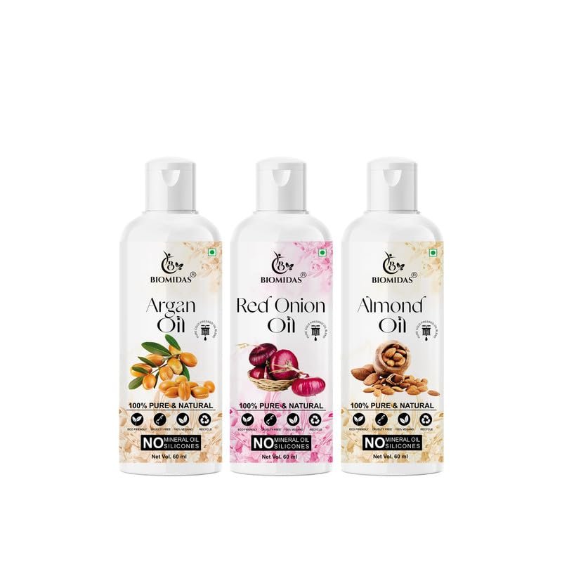 Biomidas 100% Pure Argan Oil & Red Onion Oil & Almond Oil 60ML Combo (Pack Of 3)