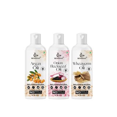 Biomidas 100% Pure Argan Oil & Onionblackseed Oil & Wheat Germ Oil 60ML Combo (Pack Of 3)