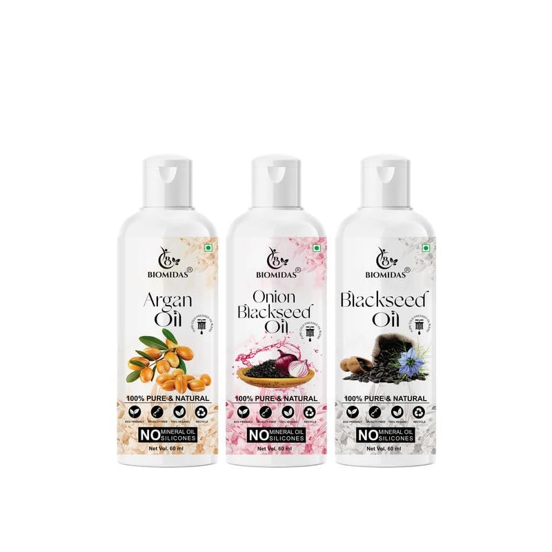 Biomidas 100% Pure Argan Oil & Onionblackseed Oil & Blackseed Oil 60ML Combo (Pack Of 3)