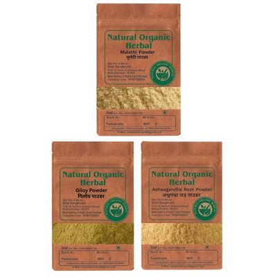 Natural Organic Herbal Health Care Combo -Ashwagandha- Giloy-Mulethi Powder -450g Pack of 3 Each 150g -Natural ingredients-No Mixing-Ayurvedic-