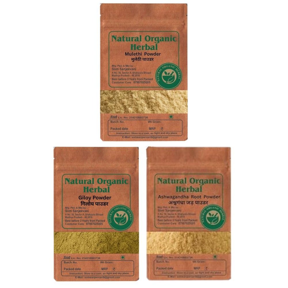 Natural Organic Herbal Health Care Combo -Ashwagandha- Giloy-Mulethi Powder -450g Pack of 3 Each 150g -Natural ingredients-No Mixing-Ayurvedic-