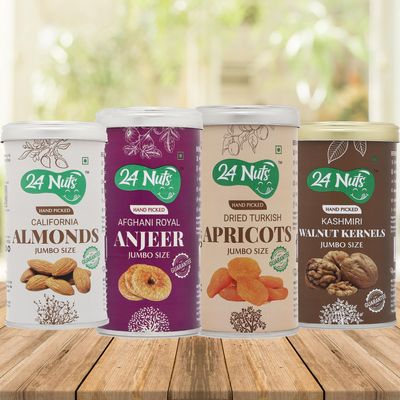 24 Nuts Premium Hand Picked Jumbo Size Premium California Almonds & Royal Anjeer & Turkish Apricots & Kashmiri Walnut Kernels Combo Pack Of 950gm
