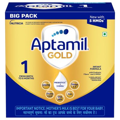 Aptamil Gold Infant Formula Milk Powder for Babies - Stage 1 (Upto 6 Months) - with 5 HMOs, Prebiotics and DHA - 1.2 kgs - Large Pack