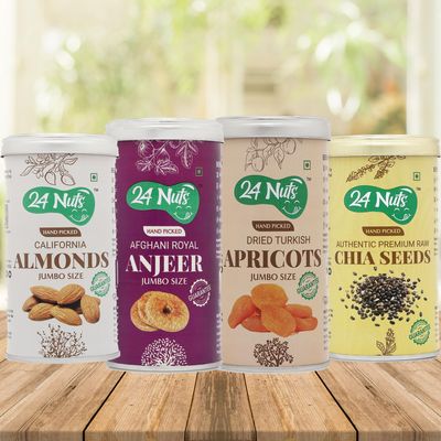 24 Nuts Premium Jumbo SIze California Almonds, Royal Afghani Anjeer, Turkish Dried Apricots, Raw Chia Seeds Combo Pack of 1kg (250gm x4)