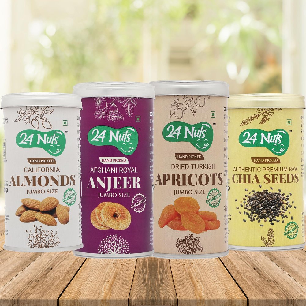 24 Nuts Premium Jumbo SIze California Almonds, Royal Afghani Anjeer, Turkish Dried Apricots, Raw Chia Seeds Combo Pack of 1kg (250gm x4)