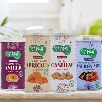 24 Nuts Premium Jumbo SIze Royal Afghani Anjeer, Turkish Dried Apricots, Cashew W180, Energy Mix Superfood Combo Pack of 1kg (250gm x4)