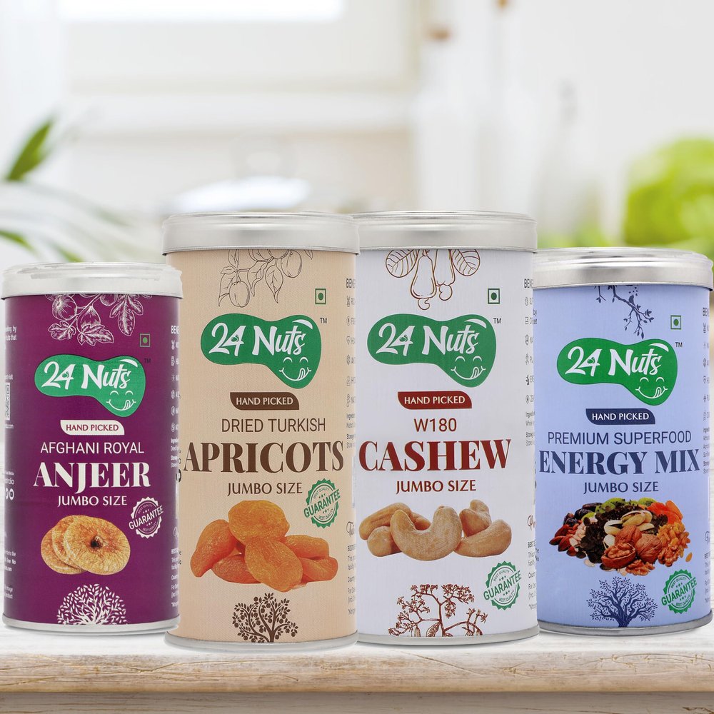 24 Nuts Premium Jumbo SIze Royal Afghani Anjeer, Turkish Dried Apricots, Cashew W180, Energy Mix Superfood Combo Pack of 1kg (250gm x4)