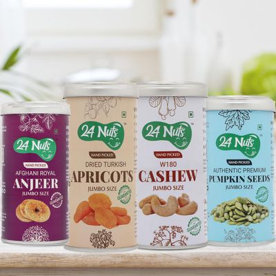 24 Nuts Premium Jumbo SIze Royal Afghani Anjeer, Turkish Dried Apricots, Cashew W180, Raw Pumpkin Seeds Combo Pack of 1kg (250gm x4)