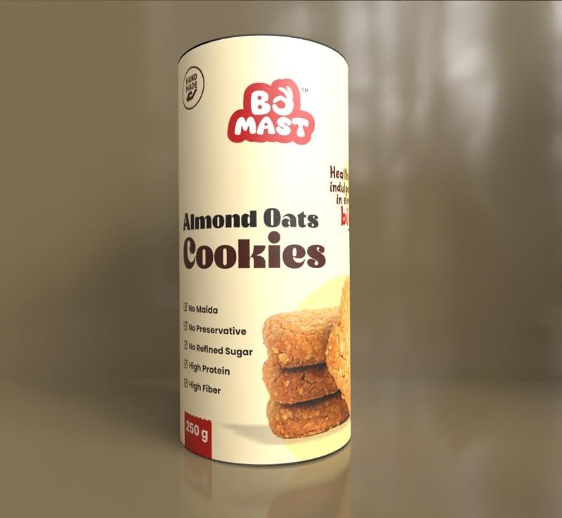 BoMast Almond Oats Cookies | Nutty and Healthy Maida-Free Snack | No Refined Sugar, No Added Preservatives | Wholesome Breakfast or Tea-Time Treat | 12 Piece Pack (250g)