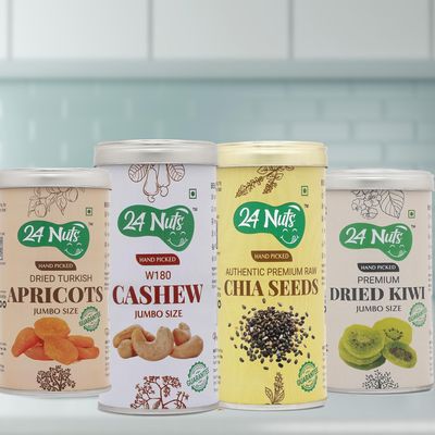 24 Nuts Premium Jumbo SIze Turkish Dried Apricots, Cashew W180, Raw Chia Seeds, Natural Dried Kiwi Combo Pack of 1kg (250gm x4)