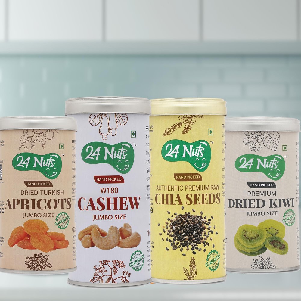 24 Nuts Premium Jumbo SIze Turkish Dried Apricots, Cashew W180, Raw Chia Seeds, Natural Dried Kiwi Combo Pack of 1kg (250gm x4)