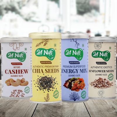 24 Nuts Premium Jumbo SIze Cashew W180, Raw Chia Seeds, Energy Mix Superfood, Sunflower Seeds Combo pack of 1kg (250gm x4)