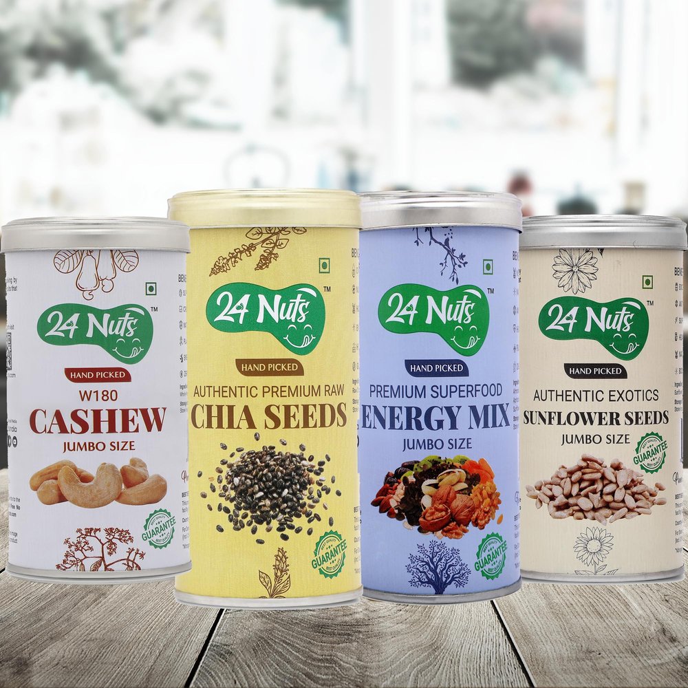 24 Nuts Premium Jumbo SIze Cashew W180, Raw Chia Seeds, Energy Mix Superfood, Sunflower Seeds Combo pack of 1kg (250gm x4)