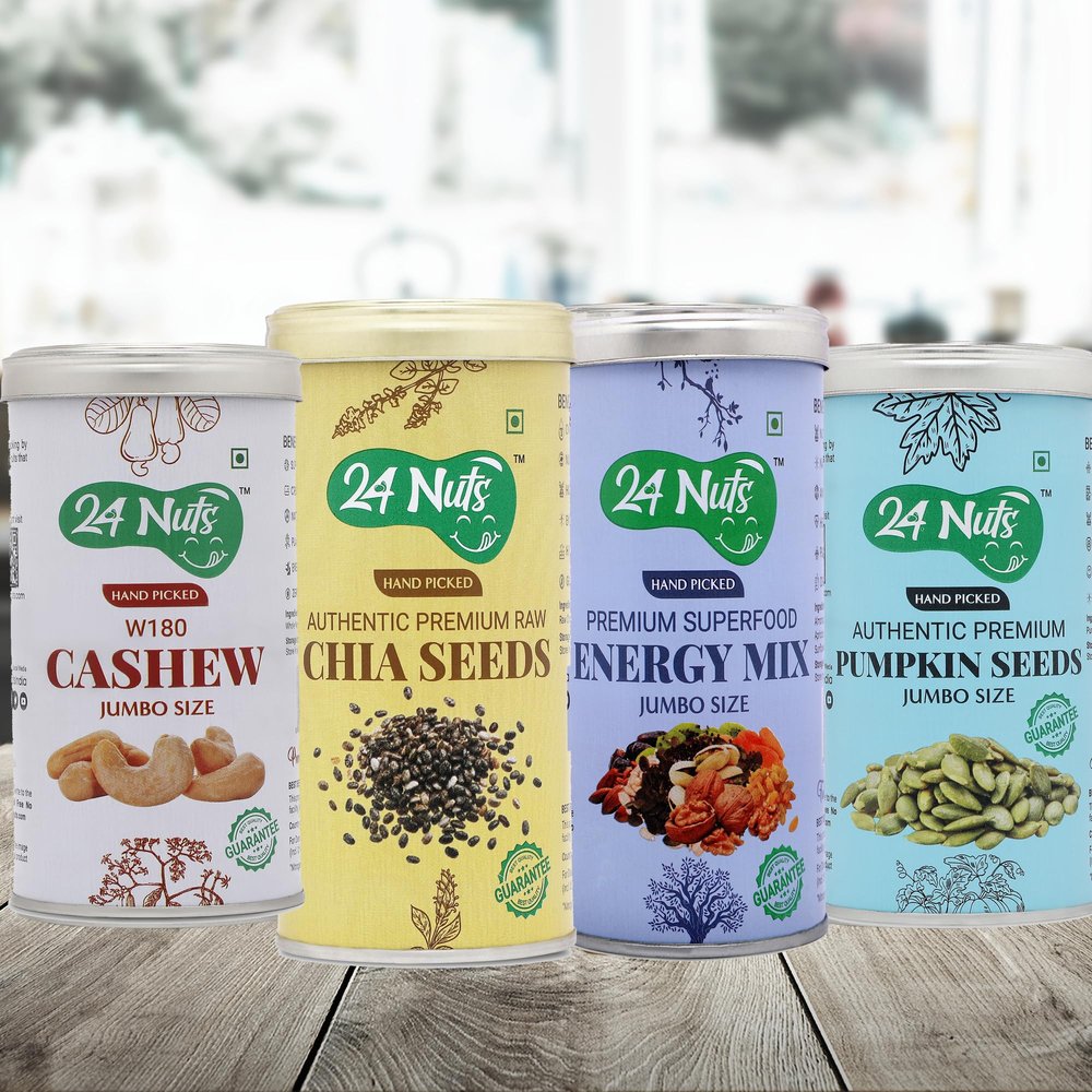 24 Nuts Premium Jumbo SIze Cashew W180, Raw Chia Seeds, Energy Mix Superfood, Pumpkin Seeds Combo pack of 1kg (250gm x4)