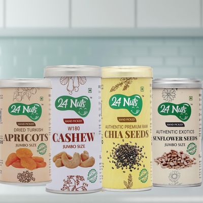 24 Nuts Premium Jumbo SIze Turkish Dried Apricots, Cashew W180, Raw Chia Seeds, Exotics Sunflower Seeds Combo Pack of 1kg (250gm x4)