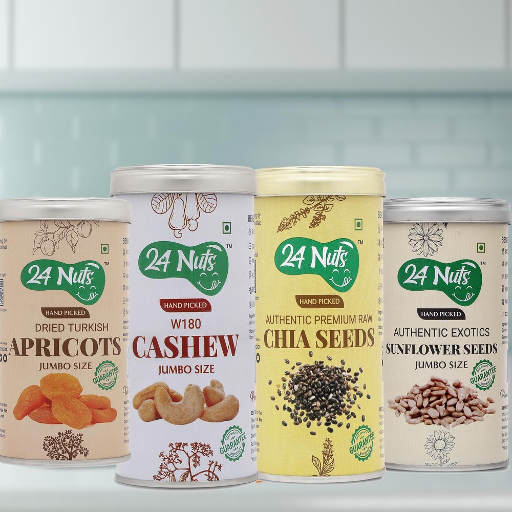24 Nuts Premium Jumbo SIze Turkish Dried Apricots, Cashew W180, Raw Chia Seeds, Exotics Sunflower Seeds Combo Pack of 1kg (250gm x4)