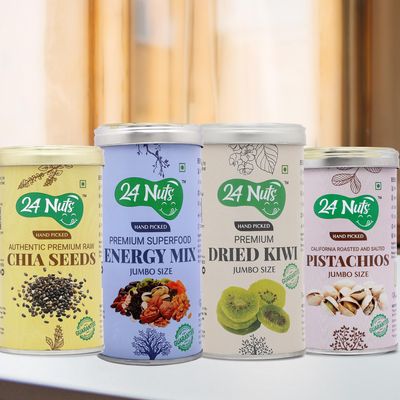 24 Nuts Premium Jumbo Size Raw Chia Seeds, Energy Mix Superfood, Natural Dried kiwi, California Roasted pistachios Combo pack of 1kg (250gm x4)