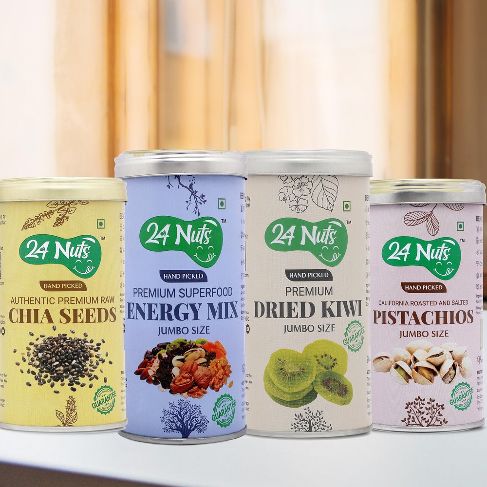 24 Nuts Premium Jumbo Size Raw Chia Seeds, Energy Mix Superfood, Natural Dried kiwi, California Roasted pistachios Combo pack of 1kg (250gm x4)