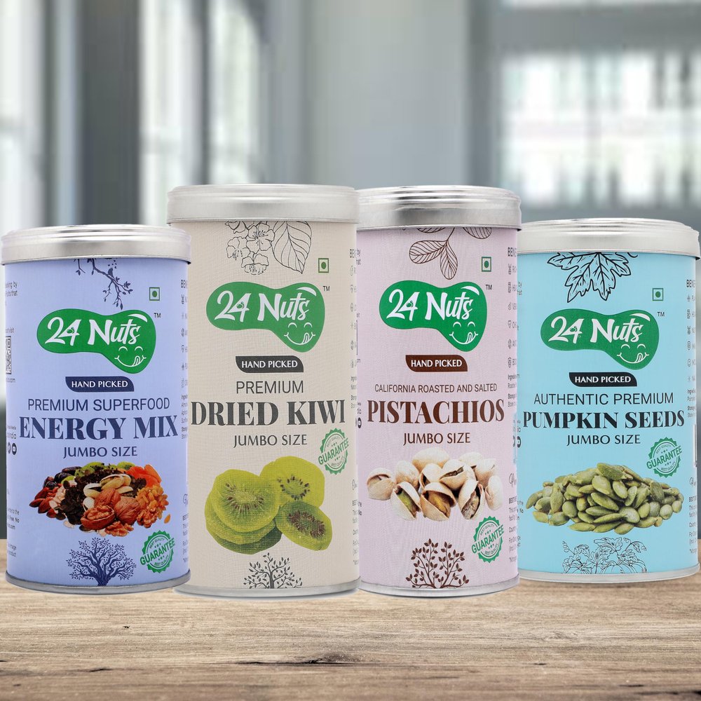 24 Nuts Premium Jumbo Size Energy Mix Superfood, Natural Dried kiwi, California Roasted pistachios, Pumpkin Seeds Combo pack of 1kg (250gm x4)