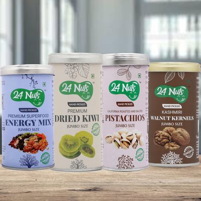 24 Nuts Premium Jumbo Size Energy Mix Superfood, Natural Dried kiwi, California Roasted pistachios, Kshmiri Walnut Kernels Combo pack of 950gm (250gm x3, 200gx 1)