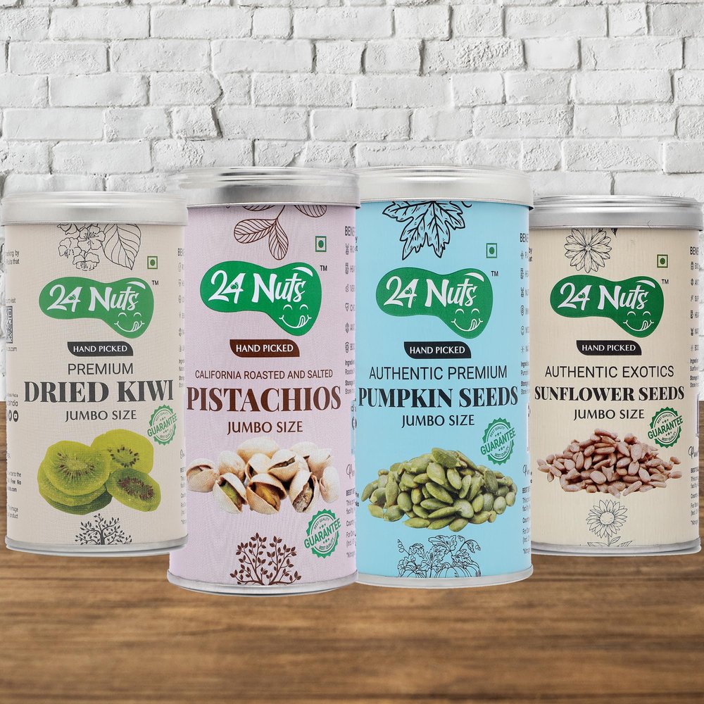 24 Nuts Premium Jumbo Size Natural Dried kiwi, California Roasted pistachios, Pumpkin Seeds, Sunflower Seeds Combo pack of 1kg (250gm x4)