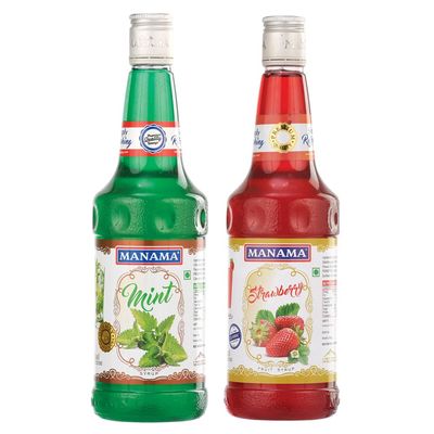 Manama Mint Syrup and Strawberry Syrup, 750ML Each, Mixer for Mocktails, Cocktails, Drinks, Juices, Beverages, Pack of 2