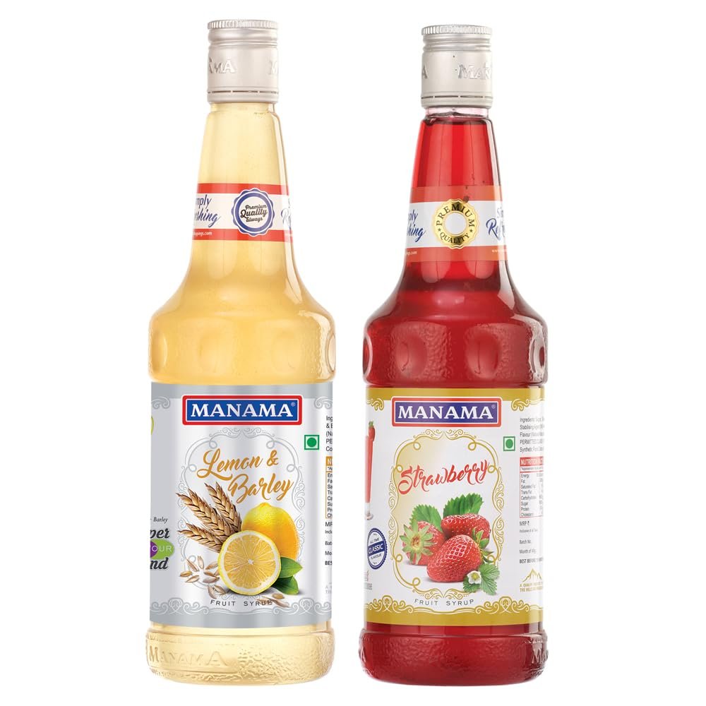 Manama Lemon & Barley Syrup and Strawberry Syrup, 750ML Each, Mixer for Mocktails, Cocktails, Drinks, Juices, Beverages, Pack of 2