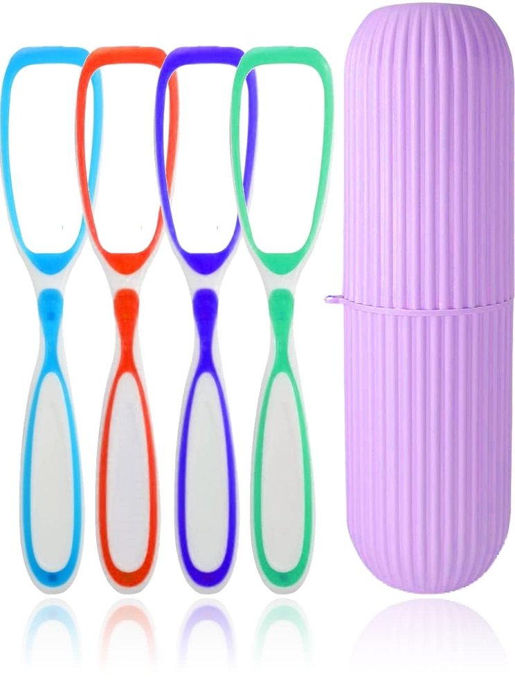 E - Buddies Soft Double Action Tongue Cleaner Scrapper For Kids and Adults With Travel Capsule Plastic Tooth brush holder flexible design for health, Oral care tool Easy To use - Pack of 4