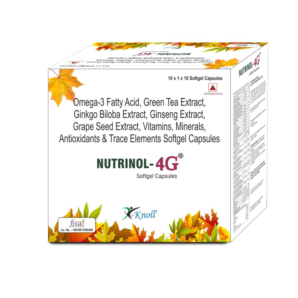 Knoll Healthcare Nutrinol 4G Multivitamin Capsules Omega 3 Fatty Acid Ginseng Ginkgo Biloba Vitamin D3| K2 for Hair Skin Immunity Joint Brain Stress & Heart Health 200 Capsules (Pack of 20)