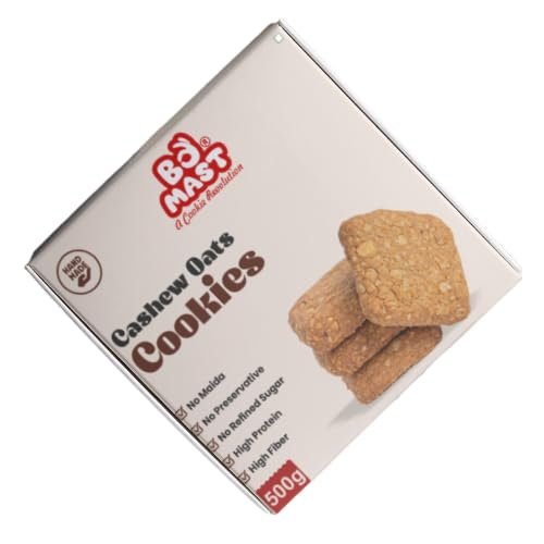 BoMast Cashew Oats Cookies | Healthy Sugar-Free Snack | Maida-Free, No Refined Sugar, No Added Preservatives | Ideal for Breakfast and Tea-Time Treat 500g (24 Piece Pack)