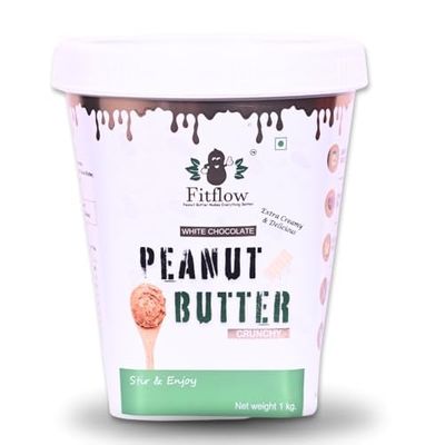 Fitflow White Chocolate Peanut Butter 1kg | Crunchy | 21g Protein | Gluten & Cholesterol Free, Nut Butter, High in Protein Spread, 100% Pure Roasted Peanuts, Zero Trans Fat