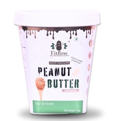 Fitflow White Chocolate Peanut Butter 1kg | Crunchy | 21g Protein | Gluten & Cholesterol Free, Nut Butter, High in Protein Spread, 100% Pure Roasted Peanuts, Zero Trans Fat