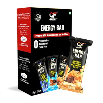 GRITFIT Superfood Energy Bar Variety Pack, Assorted Pack of 12, 480g (40g Per Protein Bar), Blueberry Crush x4, Peanut Butter x4, Choco Almond x4, No Preservatives, 100% Veg