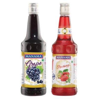 Manama Grape Syrup and Strawberry Syrup, 750ML Each, Mixer for Mocktails, Cocktails, Drinks, Juices, Beverages, Pack of 2
