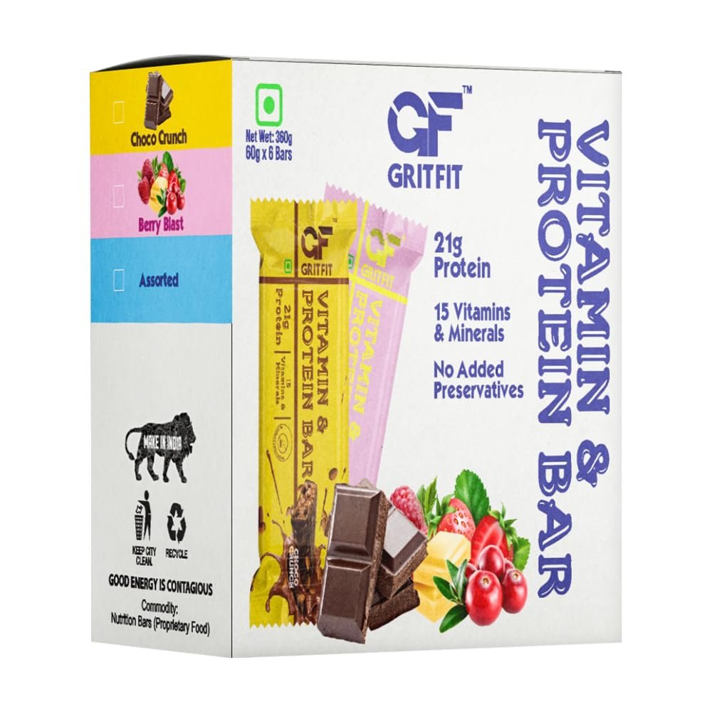 GRITFIT Vitamin & Protein Bar Variety Pack, 360g (60g Protein Bar), Berry Blast x3, Choco Crunch x3, No Preservatives, 100% Veg