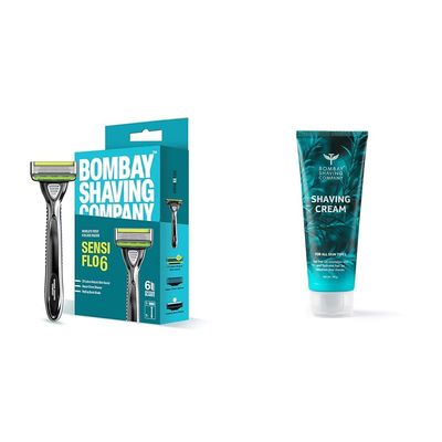 Bombay Shaving Company Sensi Flo 6 Value Pack - Razor with Shaving Cream | Shaving Razor for Men | Aloe Gel and Argan Oil Lubra Strip | Pivot Head for Smooth Glide