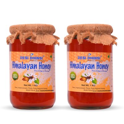 DESI DHINSI Natural & Organic Himalayan Honey Single Origin Unblended Pure Indian Honey From the Valleys of Himalayas | Multifloral Honey | No Added Sugar, Raw & Unprocessed Honey - 1KG (Pack of 2)