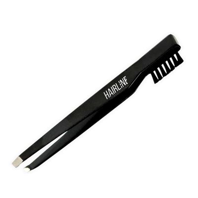 Hair Line Professional 2 in 1 Carbon Stainless Steel Slant Tip Eyebrow Hair Plucking Tweezer Clip and Eyebrows Brush Comb for Men and Women_Black