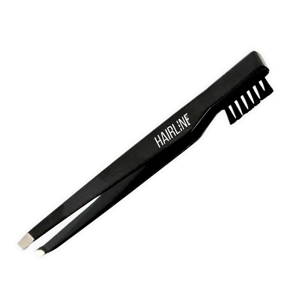 Hair Line Professional 2 in 1 Carbon Stainless Steel Slant Tip Eyebrow Hair Plucking Tweezer Clip and Eyebrows Brush Comb for Men and Women_Black