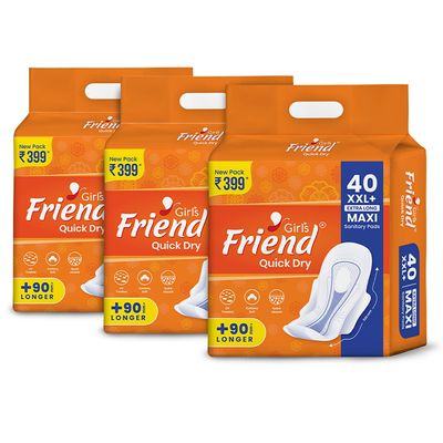 Girl's Friend Quick Dry Sanitary Pads for Women | XXL+,Pack of 3-120 Pads | Cottony Soft | Quick Absorbent | UV Treated | For Heavy Flow - Leakage Protection All the Day and Night