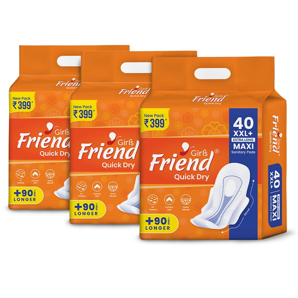 Girl's Friend Quick Dry Sanitary Pads for Women | XXL+,Pack of 3-120 Pads | Cottony Soft | Quick Absorbent | UV Treated | For Heavy Flow - Leakage Protection All the Day and Night