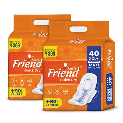 Girl's Friend Quick Dry Sanitary Pads for Women | XXL+,Pack of 2-80 Pads | Cottony Soft | Quick Absorbent | UV Treated | For Heavy Flow - Leakage Protection All the Day and Night