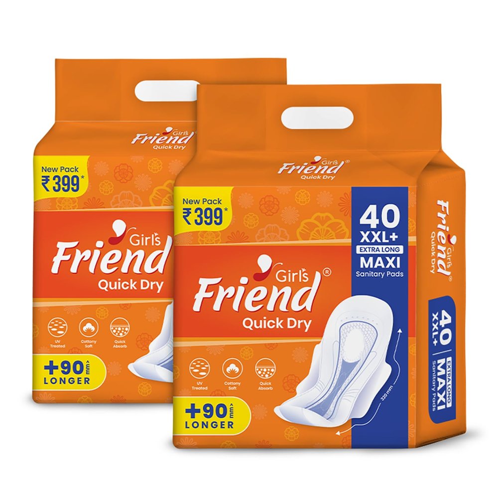 Girl's Friend Quick Dry Sanitary Pads for Women | XXL+,Pack of 2-80 Pads | Cottony Soft | Quick Absorbent | UV Treated | For Heavy Flow - Leakage Protection All the Day and Night