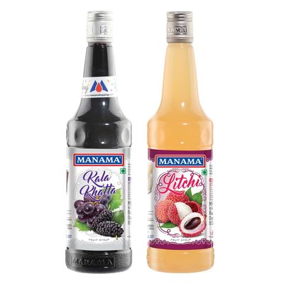 Manama Kala Khatta Syrup and Litchi Syrup, 750ML Each, Mixer for Mocktails, Cocktails, Drinks, Juices, Beverages, Pack of 2