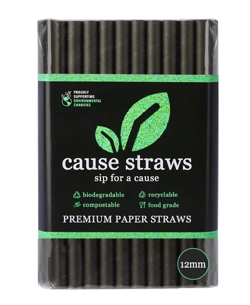 Cause Straws (12mm, 50 Straws) | Biodegradable Premium Drinking Straws | Black Colour | for Thick Shakes and Bubble Tea/Boba Tea | Sip for A Cause | (12MM, Black)