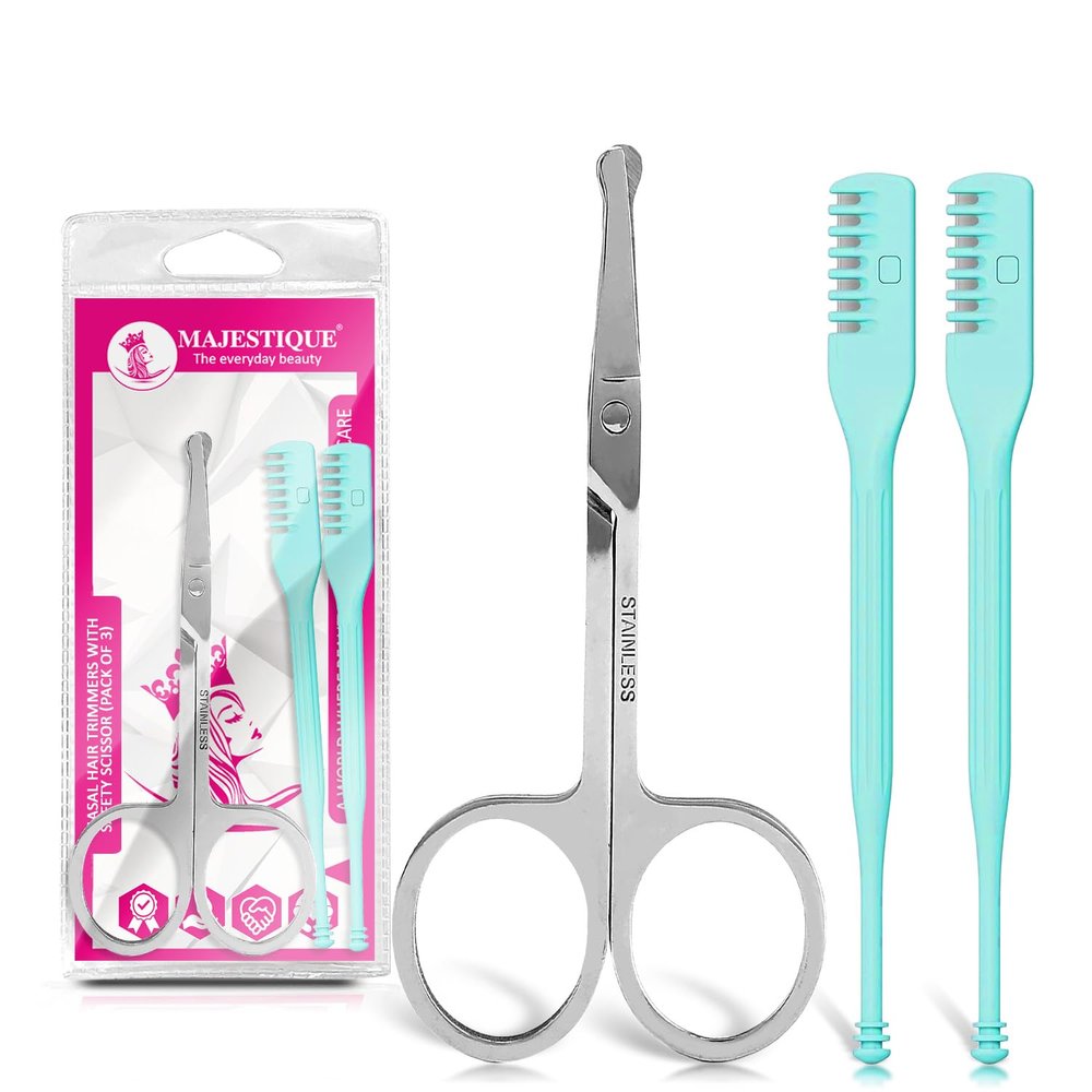 Majestique Nasal Hair Trimmers With Safety Scissor | Manual Mini Portable Nose Hair Cutter | Stainless Steel | Nose and Ears Grooming Kits - 3Pcs/Multicolor