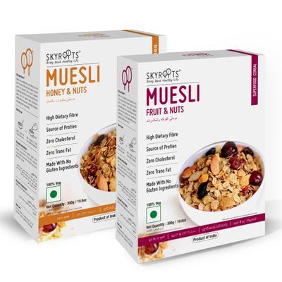 Skyroots Honey Nuts Muesli & Fruit Nuts Muesli 300 gm each (Pack of 2) Powerfull Breakfast | No. 1 Muesli | Multigrain Breakfast Cereal | Millet flakes | Rolled oats | Made with No Gluten Ingredients | Healthy Breakfast