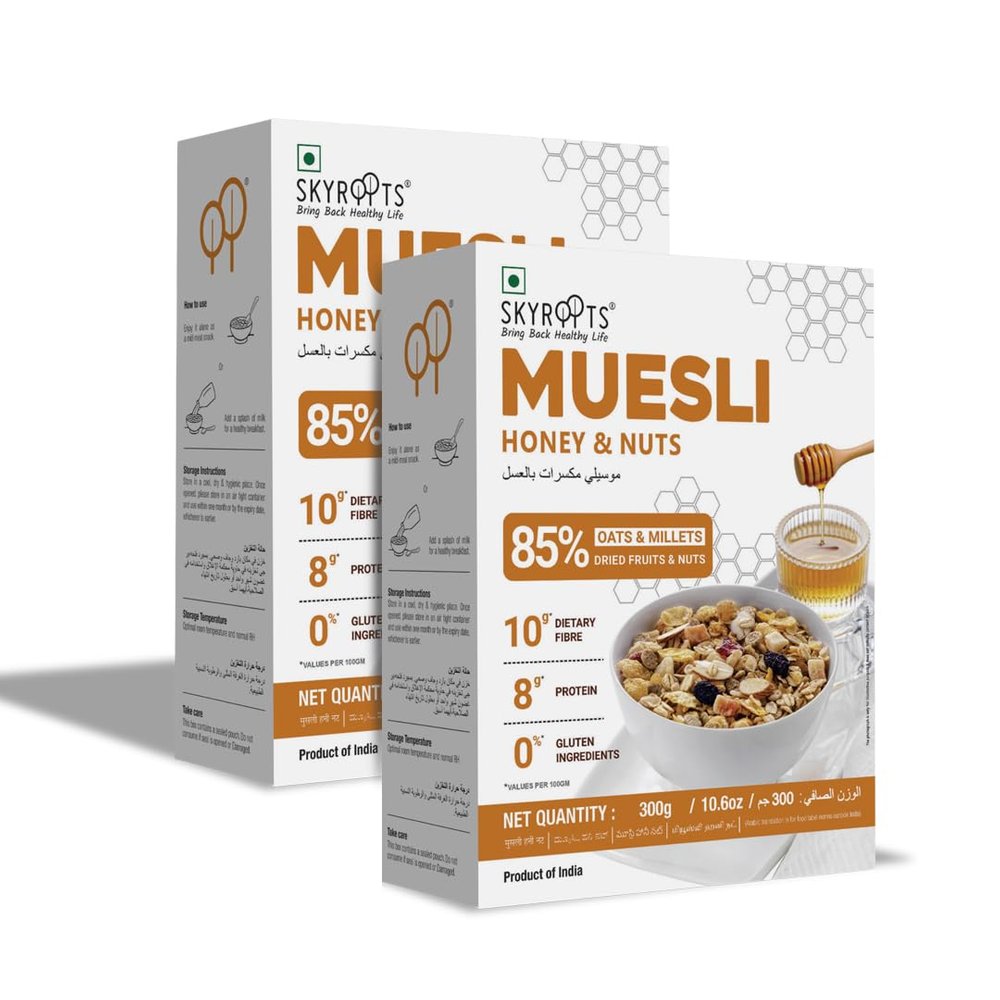 Honey & Nuts Muesli 300 gm each (Pack of 2) - Millet flakes | Rolled oats | Made with No Gluten Ingredients | Healthy Breakfast | Combo