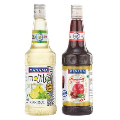 Manama Original Mojito Syrup and Grenadine Syrup, 750ML Each, Mixer for Mocktails, Cocktails, Drinks, Juices, Beverages, Pack of 2